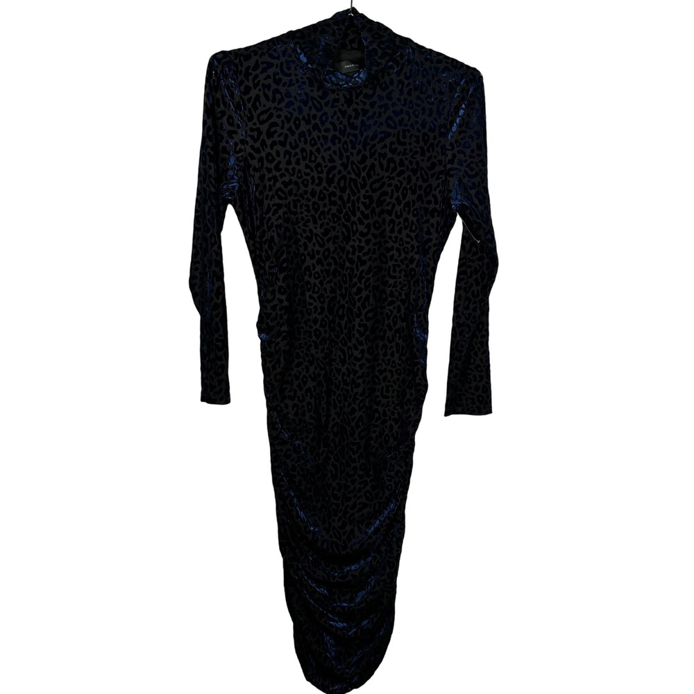 Leopard Velvet Tight Bodycon Dress Angeleye Narcissus Navy Mock‎ Neck Ruched 10